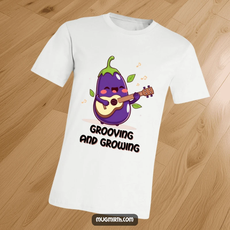 Funny T-Shirt: A singing eggplant strumming a ukulele with its leaves wiggling to the music.