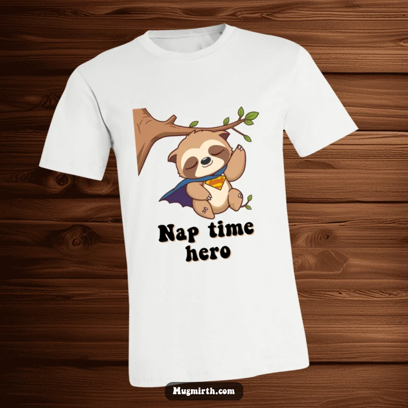 Funny T-Shirt: A sleepy sloth wearing a superhero cape, hilariously losing balance while attempting to hang onto a tree branch.