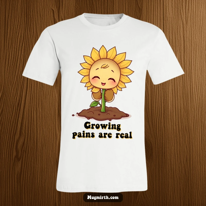Funny Sprout Gardener T-Shirt: A minuscule sprout dons oversized gloves to plant a massive sunflower seed.