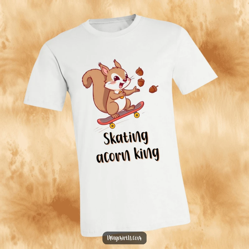 Funny mischievous squirrel juggling acorns while shredding downhill on a skateboard. A high-energy and funny t-shirt design.