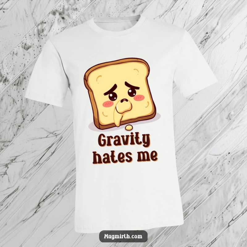 Funny t-shirt with a concerned slice of toast falling butter-side down, symbolizing culinary mishaps and humor.