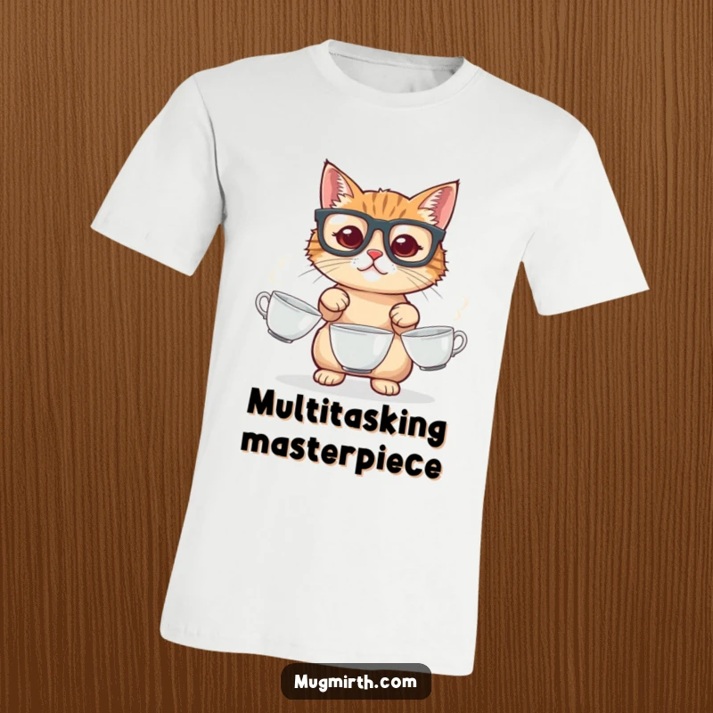 Funny cat t-shirt, sporting oversized glasses, attempting to juggle three rapidly spinning teacups, a comical and daring feat.