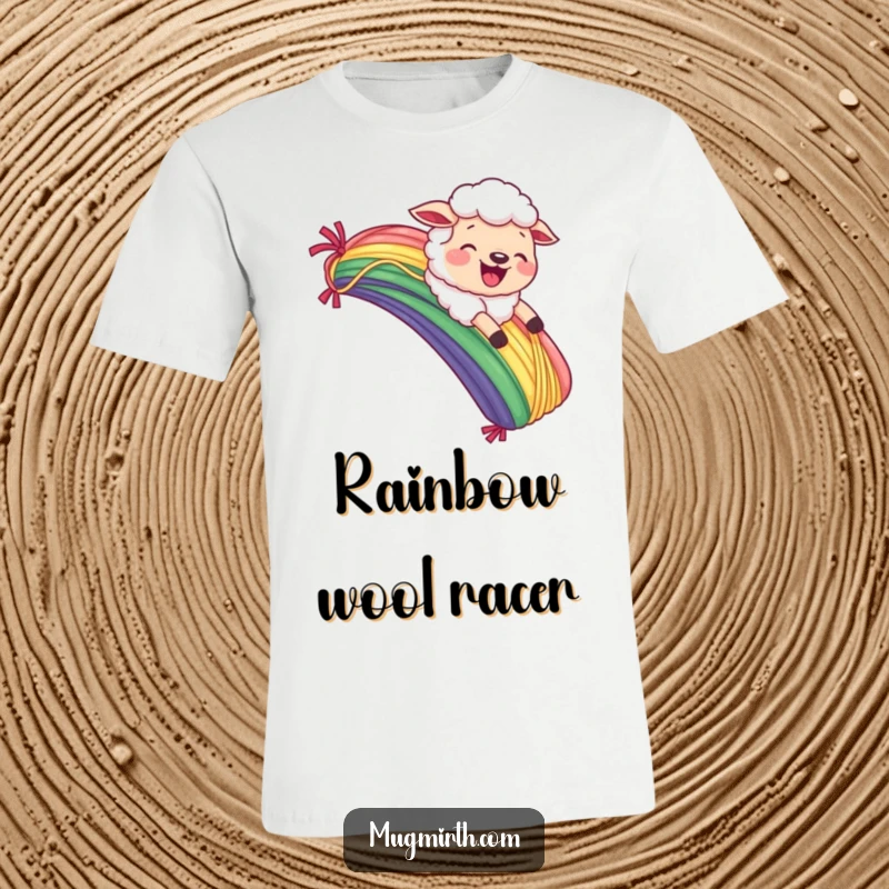 Funny Sheep T-Shirt: Joyful sheep sliding down a yarn rainbow with a funny, determined grimace, full of glee.