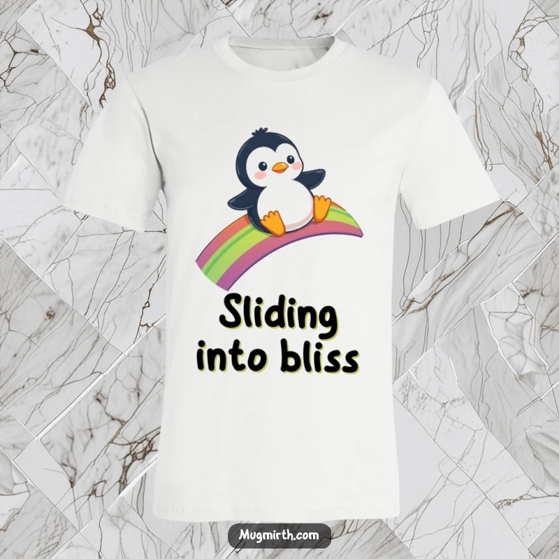 Funny T-Shirt: A joyful penguin sliding down a colorful rainbow on a comfortable, fun tee.
