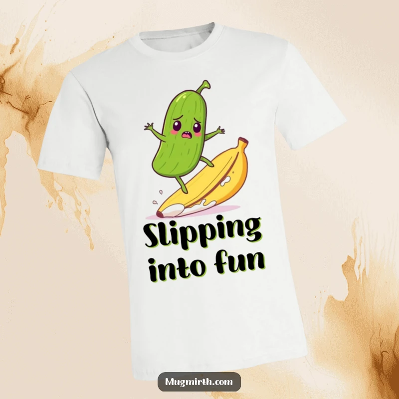 Funny t-shirt graphic of a startled pickle humorously surfing a runaway banana peel, depicting a slippery, fast-paced moment.