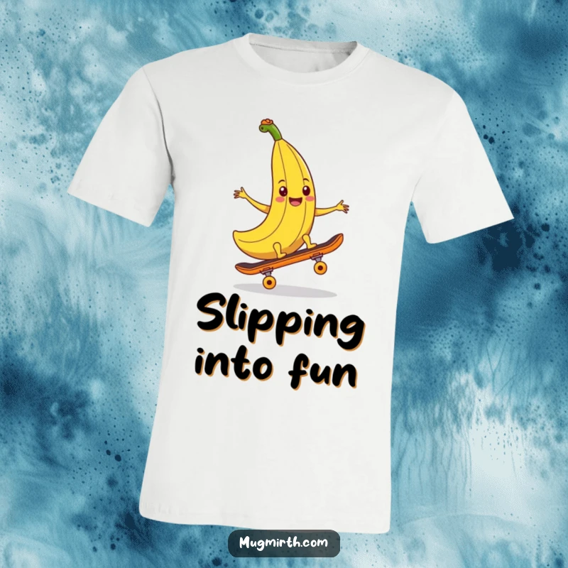 Funny banana peel t-shirt, a smiling banana peel lying in wait to trip an approaching skateboard, capturing a humorous moment.