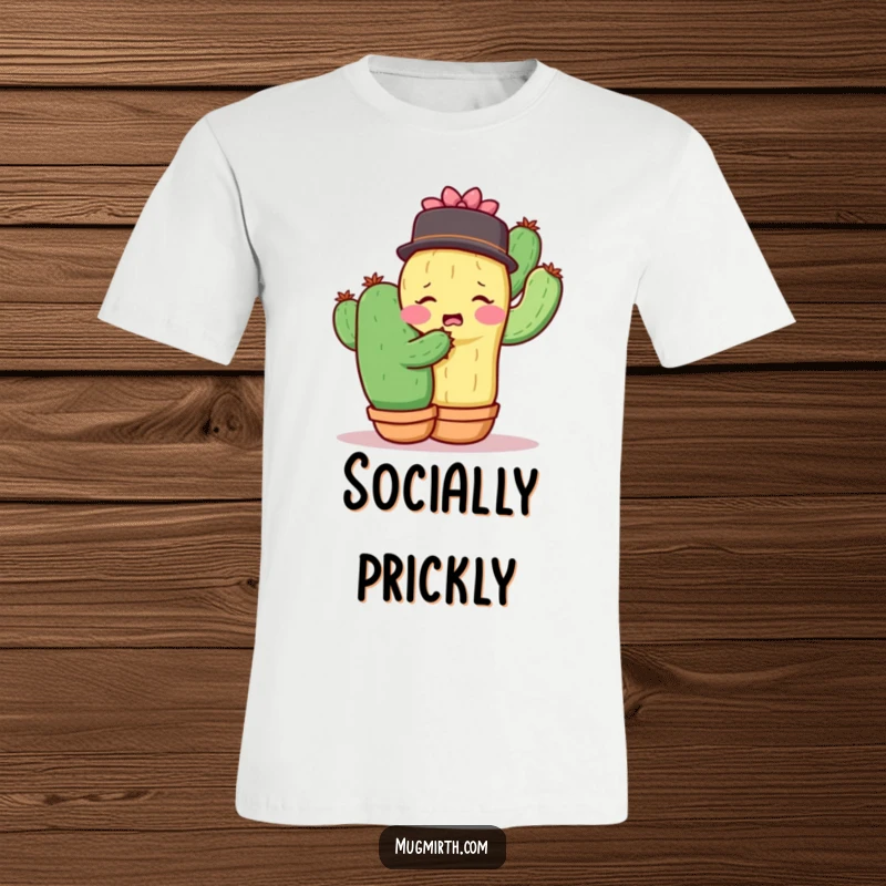Funny shy cactus recoiling from a hug with another cactus, showcasing awkwardness on a t-shirt.
