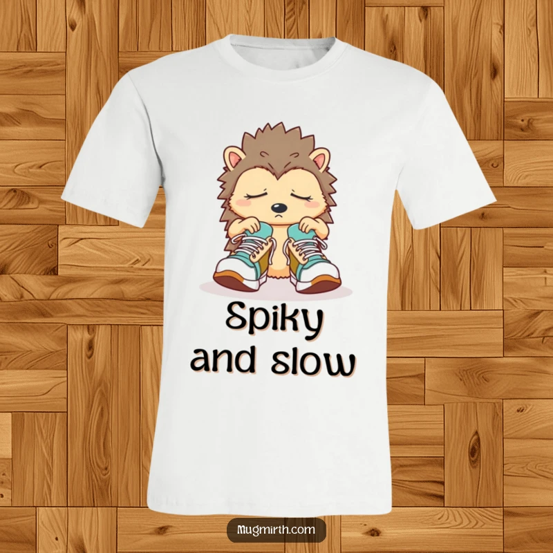 Funny Sleepy Hedgehog T-Shirt: A confused hedgehog struggles with oversized sneakers, looking utterly perplexed.
