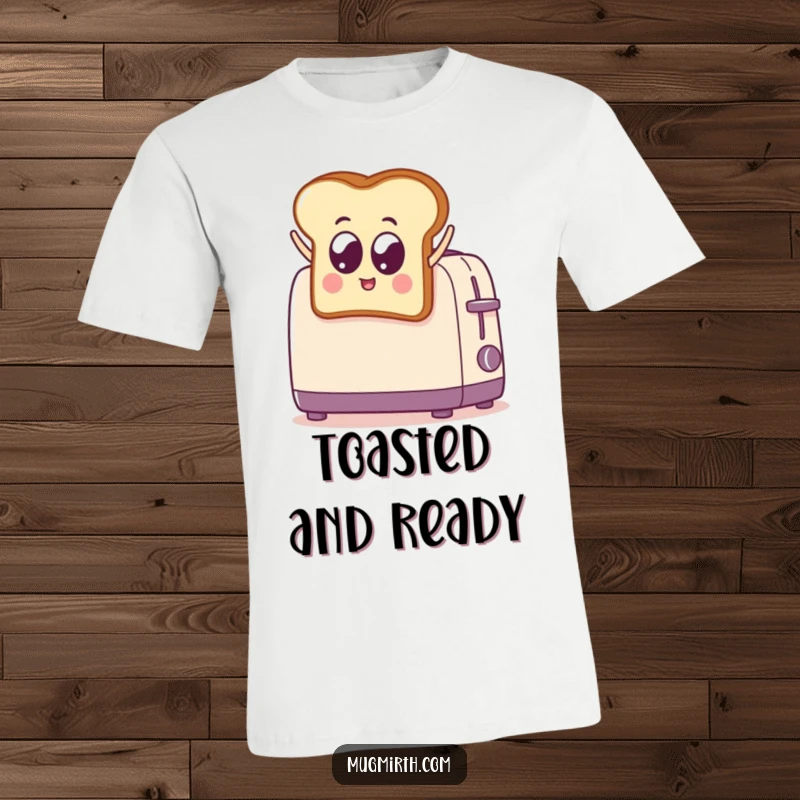Funny Toast Leaping into Toaster T-Shirt: A humorous graphic tee depicting a googly-eyed toast piece in mid-air, jumping into a waiting toaster.