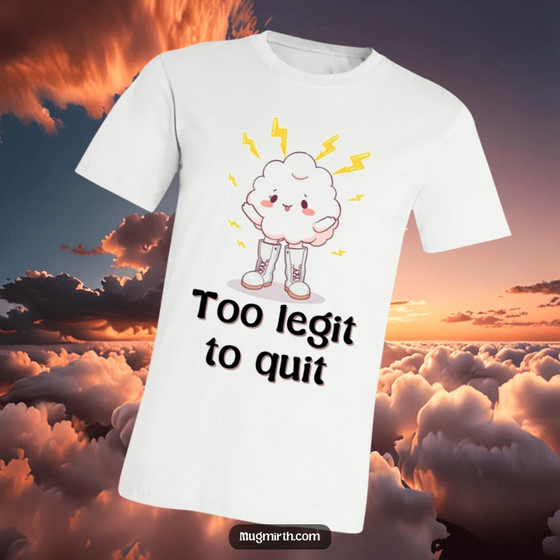 Funny t-shirt graphic of a fluffy cloud in oversized boots, humorously trying to juggle crackling yellow lightning bolts, showcasing a funny weather mishap.