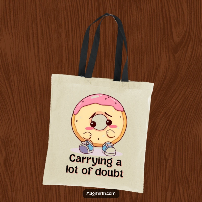 Funny Confused Donut Tote Bag: A sturdy tote bag showing a donut looking utterly baffled while attempting to put on tiny, ill-fitting shoes.
