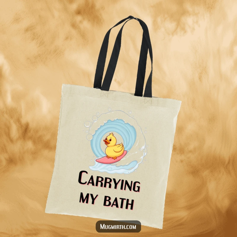 Funny surfing rubber duck tote bag with a duck riding a bubble bath wave. Practical and comical.