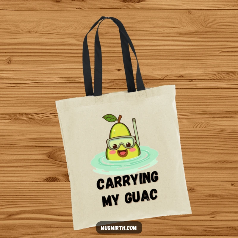 Funny avocado tote bag with a smiling fruit wearing a snorkel, sinking into a rippling green pool, a humorous and practical accessory.