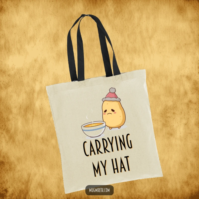 Funny Sad Potato Tote Bag: Whimsical tote with a sad potato in a hat, wistfully looking at a steaming bowl of soup.