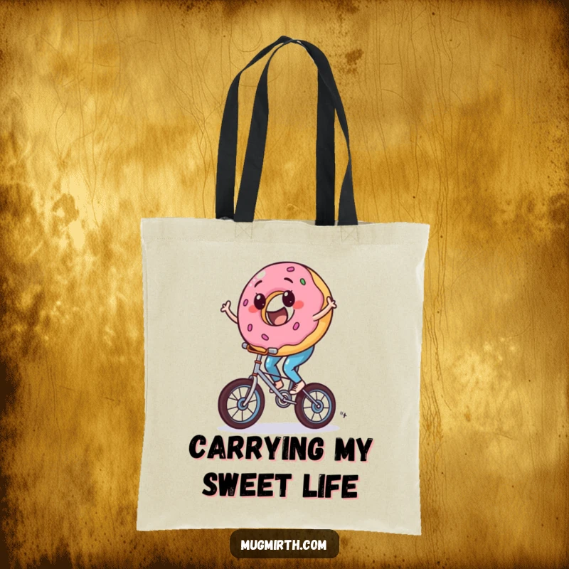 Funny donut tote bag featuring a determined donut character riding a wobbly unicycle, perfect for errands.