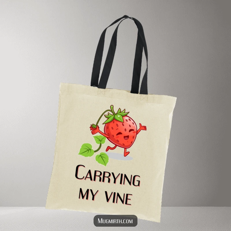 Funny tripping strawberry tote bag featuring a strawberry with legs tripping over its vine. Practical and amusing.