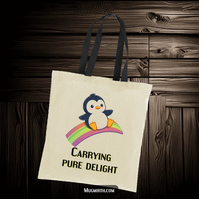 Funny Tote Bag: A whimsical canvas bag showing a penguin sliding down a bright rainbow.