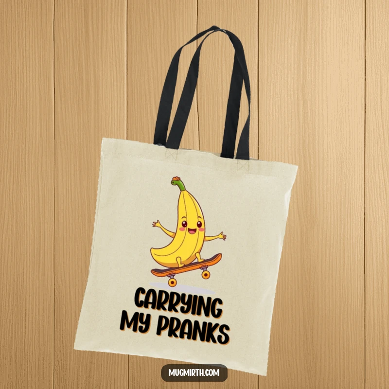Funny banana peel tote bag, a smiling banana peel attempting to trip a skateboard, ideal for carrying humorous items.