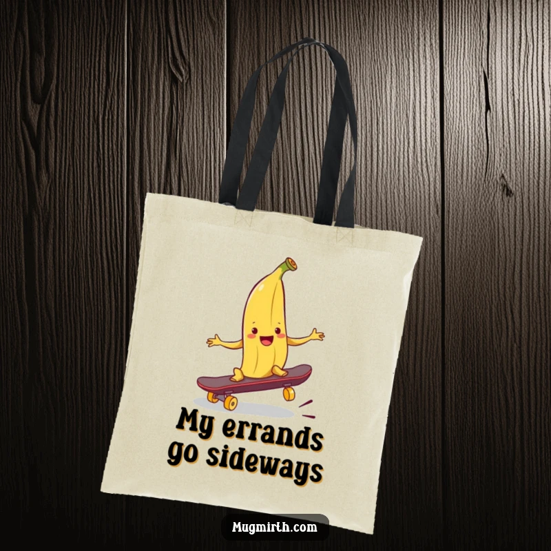 Funny banana peel tote bag, a smiling peel ready to trip a skateboard, perfect for shopping and daily use.