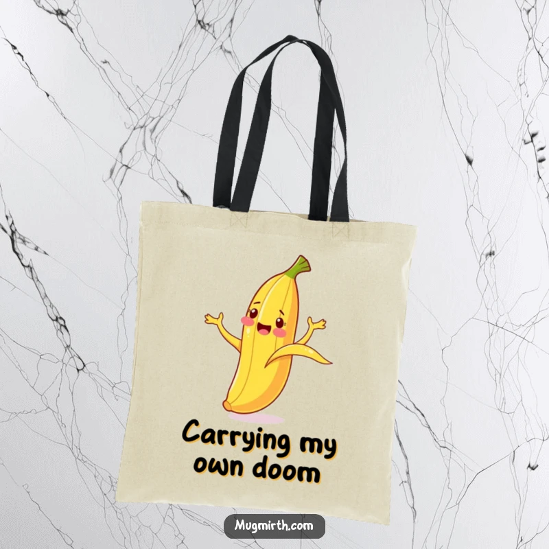Funny Banana Slip Tote Bag: A cheerful banana cartoonishly flails after slipping on its peel, ready for errands.