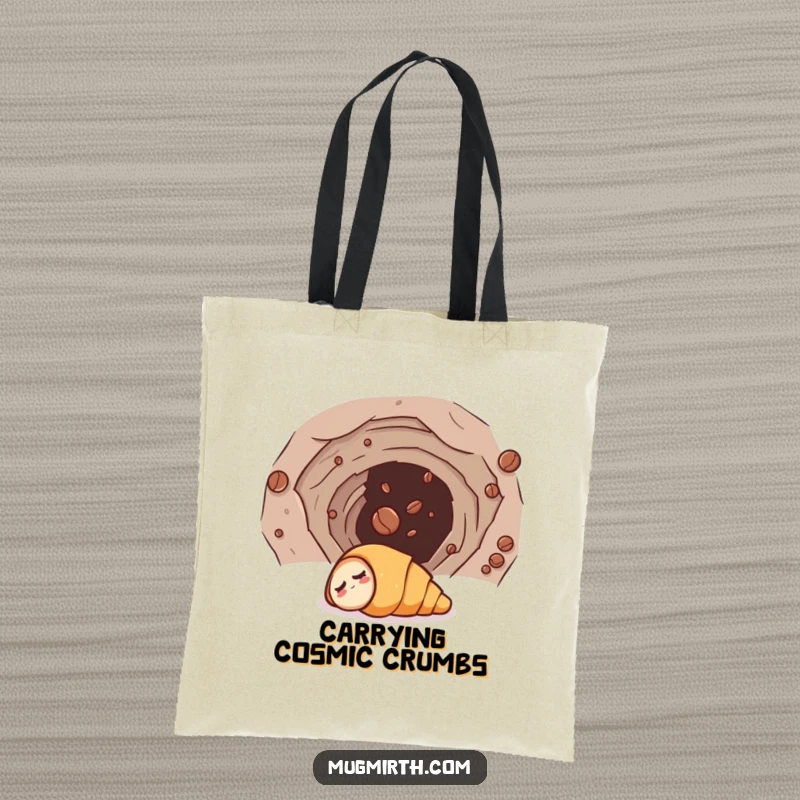 Funny tote bag featuring a sleepy croissant humorously entering a wormhole, guided by a coffee bean, great for carrying groceries with a smile.