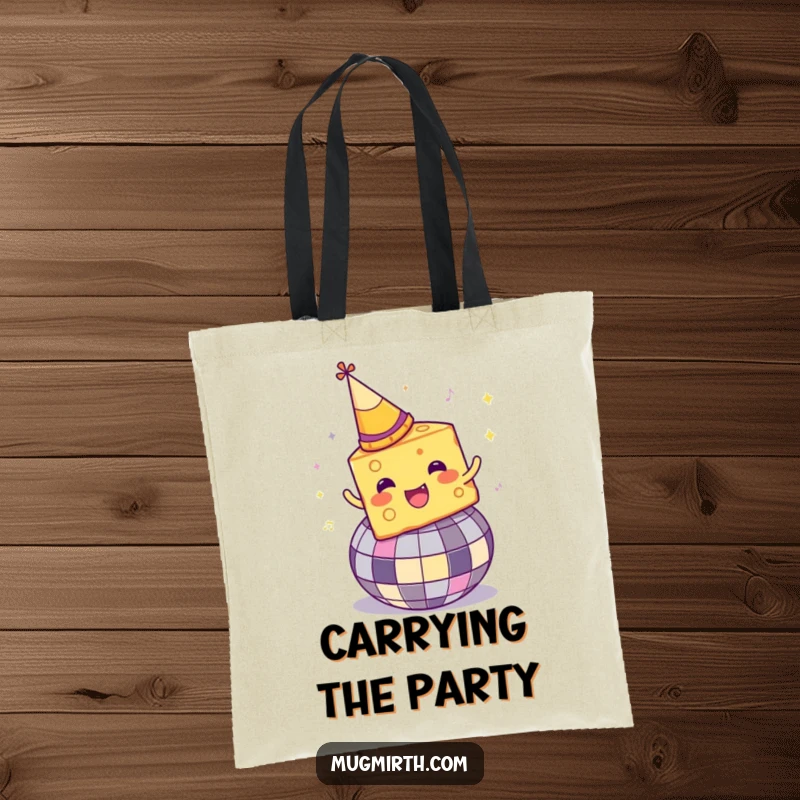 Funny Disco Cheese Tote Bag: A cheese wedge with a party hat spins on a disco ball, ready for shopping.