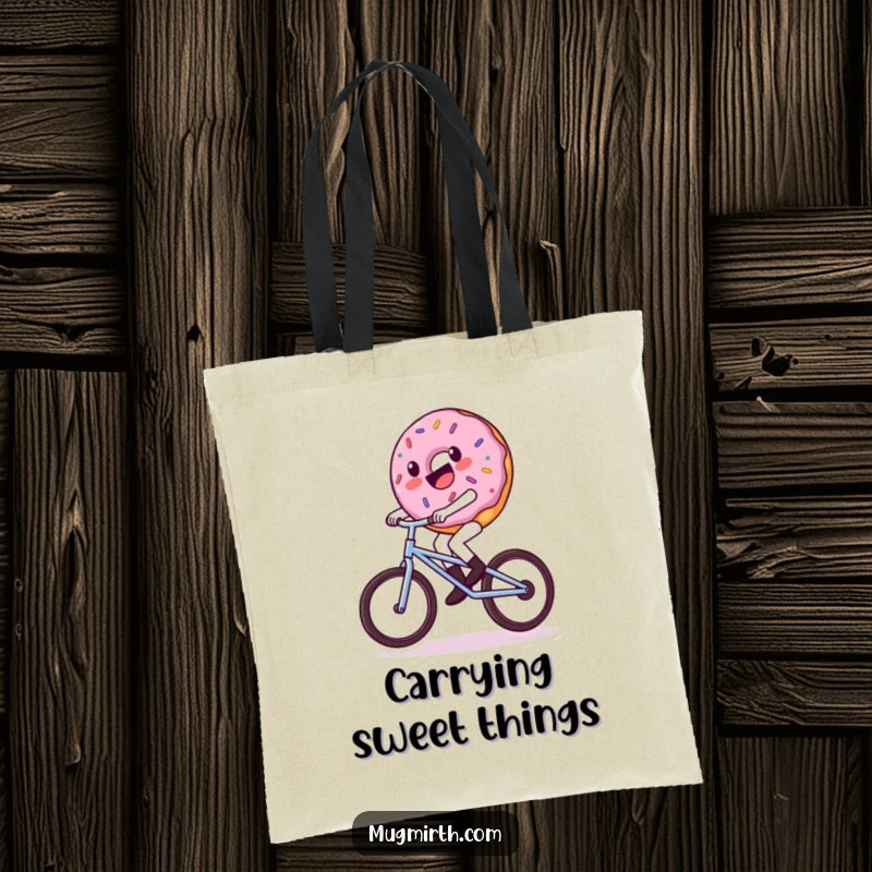 Funny donut tote bag, a donut character wobbling on a tiny unicycle, ideal for shopping or carrying daily items.