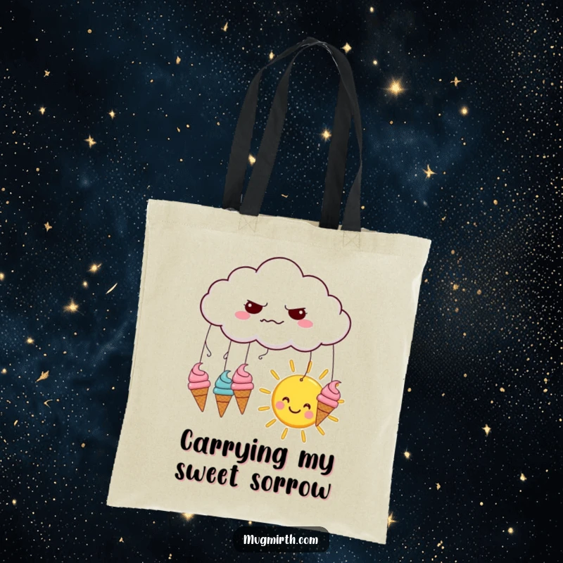 Funny tote bag graphic: a grumpy cloud rains ice cream cones onto a happy sun, great for carrying treats.
