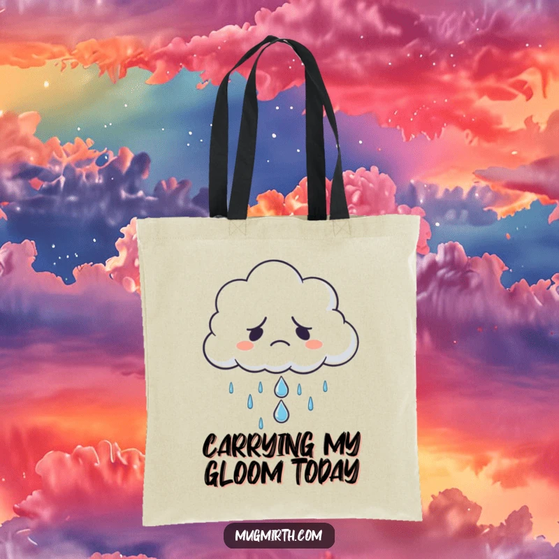 Funny grumpy cloud refusing to rain, holding a single sad raindrop, on a tote bag, a humorous and practical funny gift.