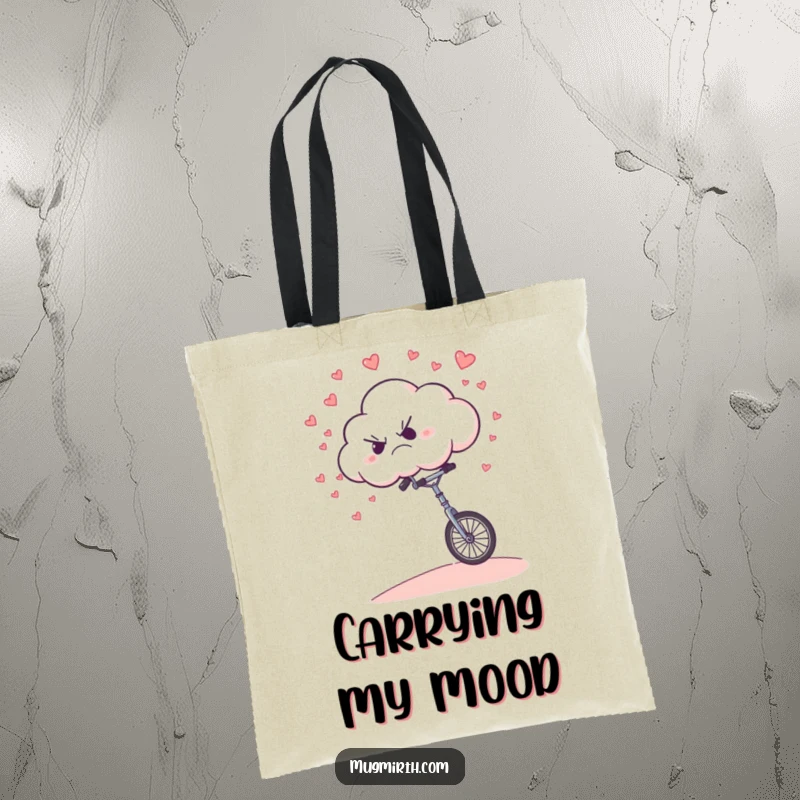 Funny Tote Bag: A grumpy cloud humorously riding a unicycle downhill, raining tiny hearts.