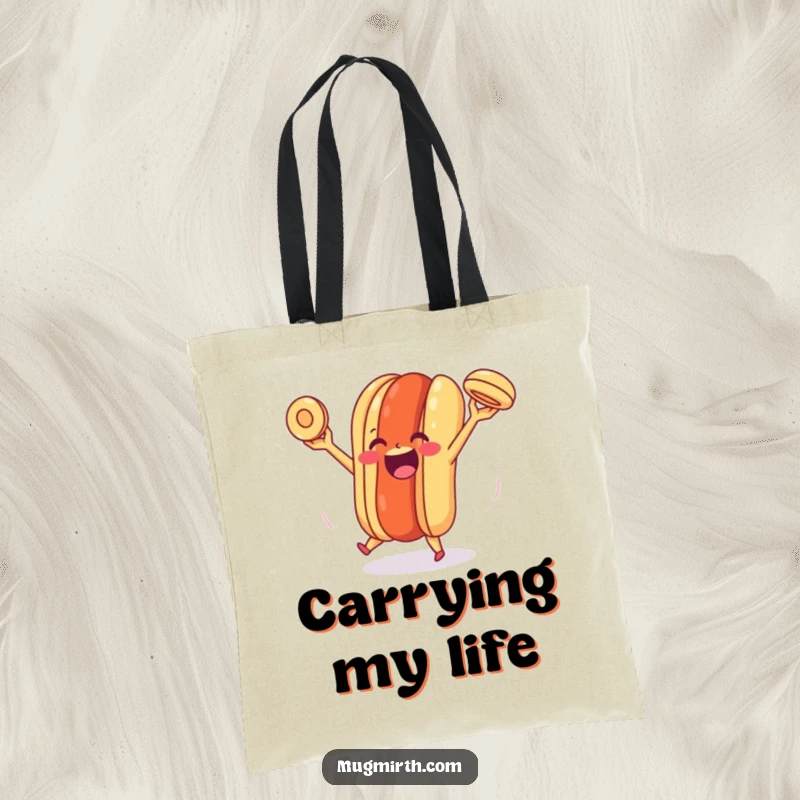 Funny Happy Hot Dog Tote Bag: A durable tote bag showing a happy hot dog juggling its bun with great skill and a cheerful demeanor.