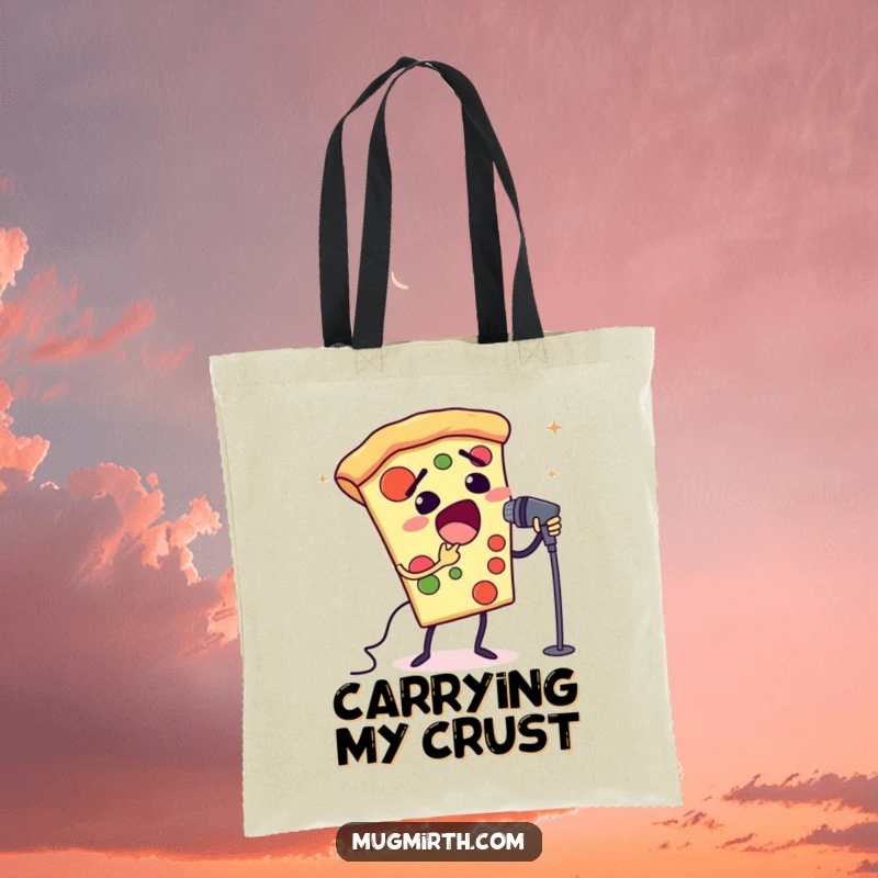 Funny opera pizza tote bag with a slice of pizza singing opera. Practical and comical.