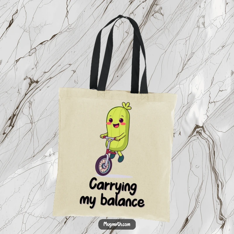 Funny Tote Bag: A canvas bag showcasing a smiling pickle wobbling on a unicycle.