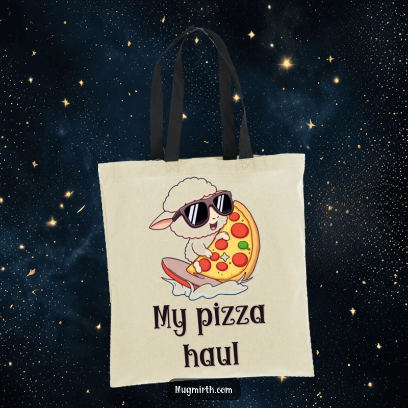 Funny Tote Bag: A sheep in oversized sunglasses surfs a giant pizza slice. Practical and a funny gift.