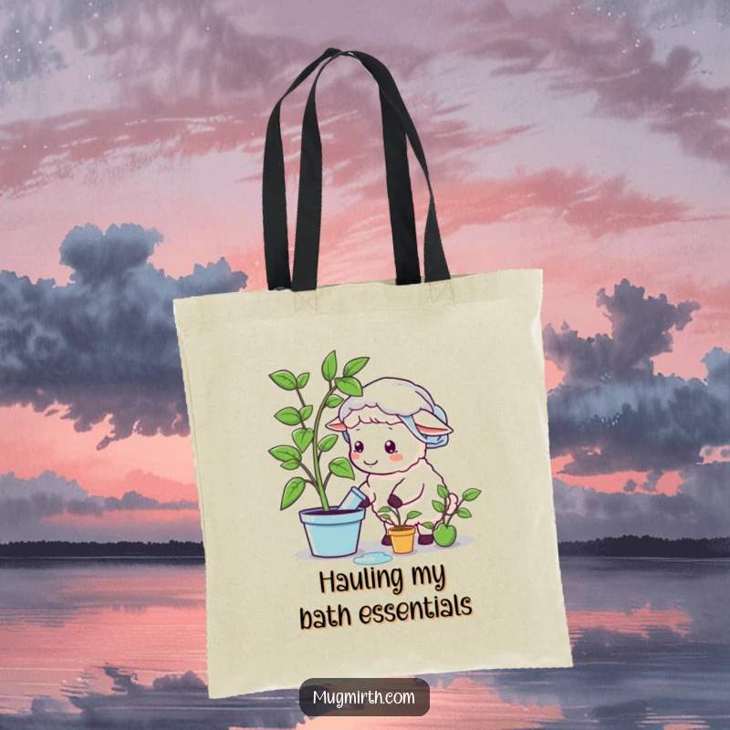 Funny sheep with a shower cap, watering a plastic plant, on a durable tote bag, a humorous and practical gift.