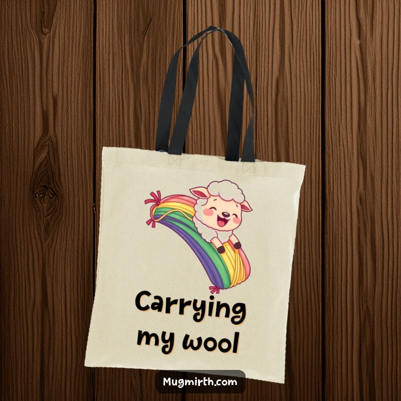 Funny Sheep Tote Bag: Whimsical tote with a joyful sheep sliding down a yarn rainbow, a cheerful carryall.