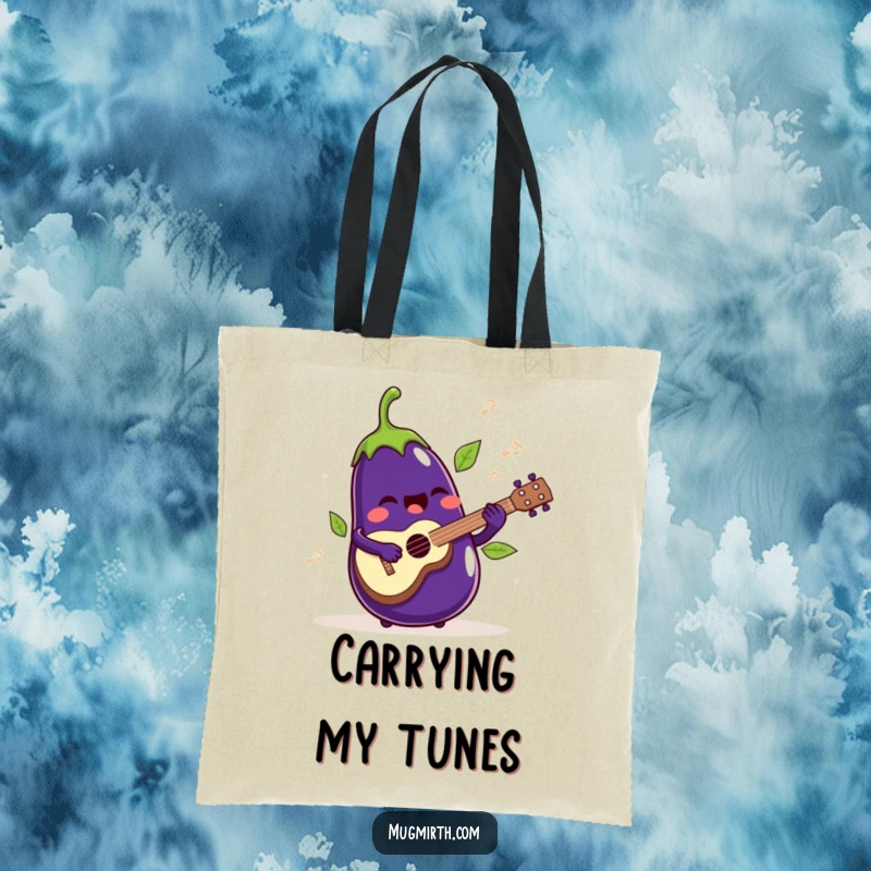 Funny Tote Bag: A singing eggplant playing a ukulele, its leaves wiggling to the rhythm.