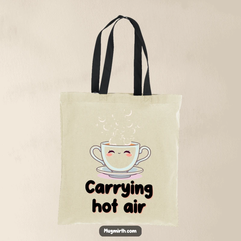 Funny tote bag illustration of a cute sentient teacup blowing large, playful steam bubbles, a stylish and humorous accessory.