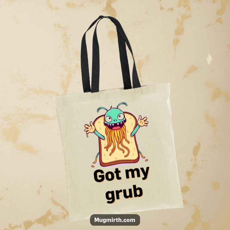 Funny toast with arms outstretched high-fiving a Flying Spaghetti Monster, a humorous tote bag.