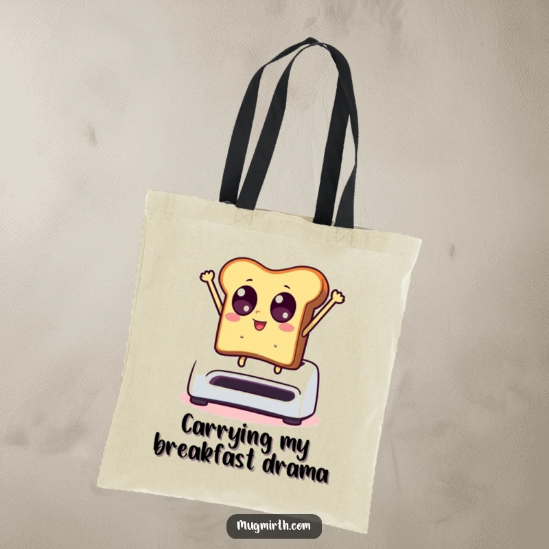 Funny tote bag graphic: a piece of toast with wide eyes leaps from a toaster, perfect for carrying humor.