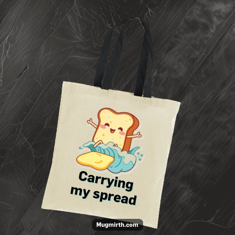Funny Toast Tote Bag: Whimsical tote with toast on legs surfing a giant butter wave, a breakfast adventure.