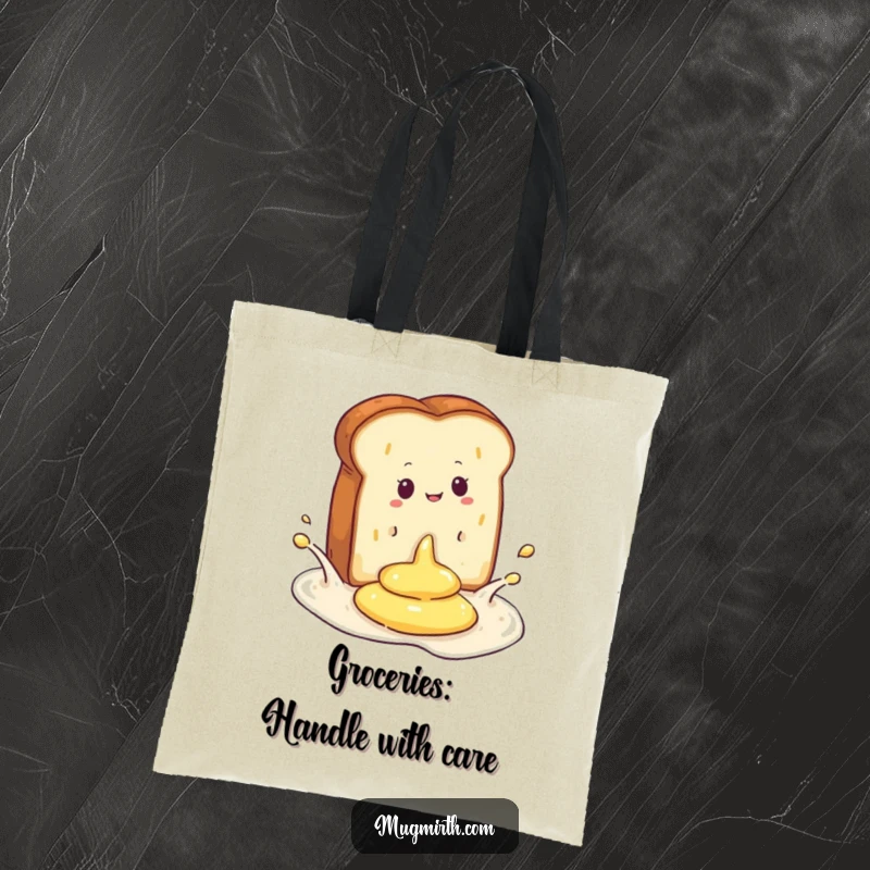 Funny tote bag illustrating a slice of toast dramatically splashing into butter, perfect for carrying groceries and smiles.