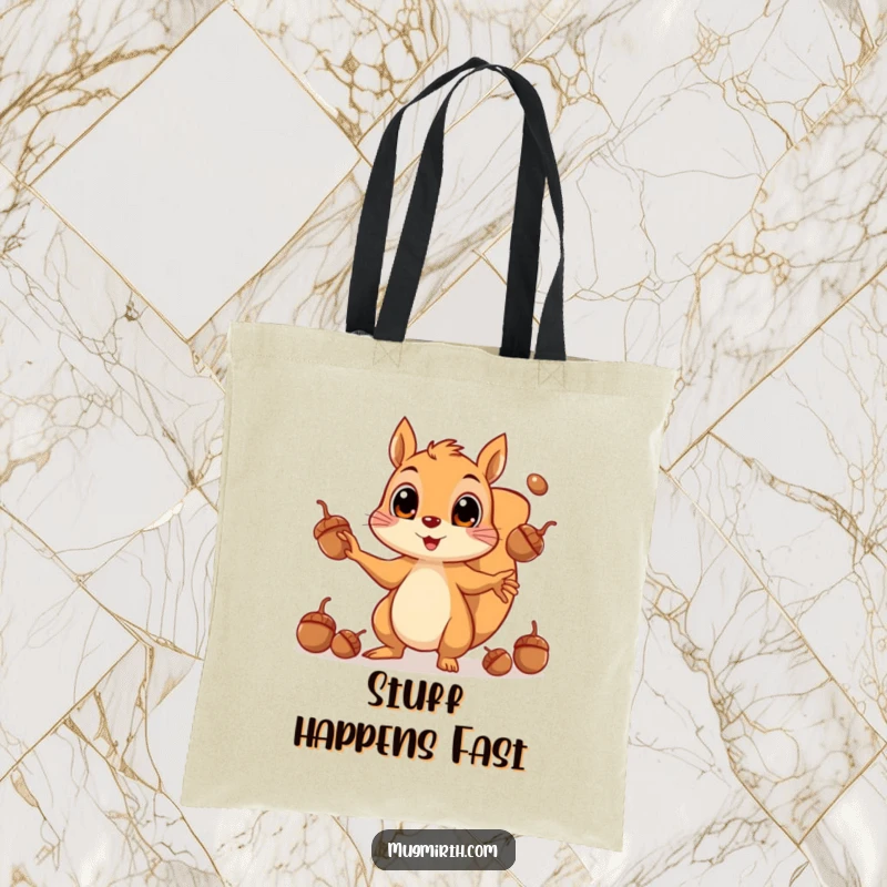 Funny tote bag showing a squirrel overwhelmed by juggling a mountain of acorns, a humorous accessory for the busy.